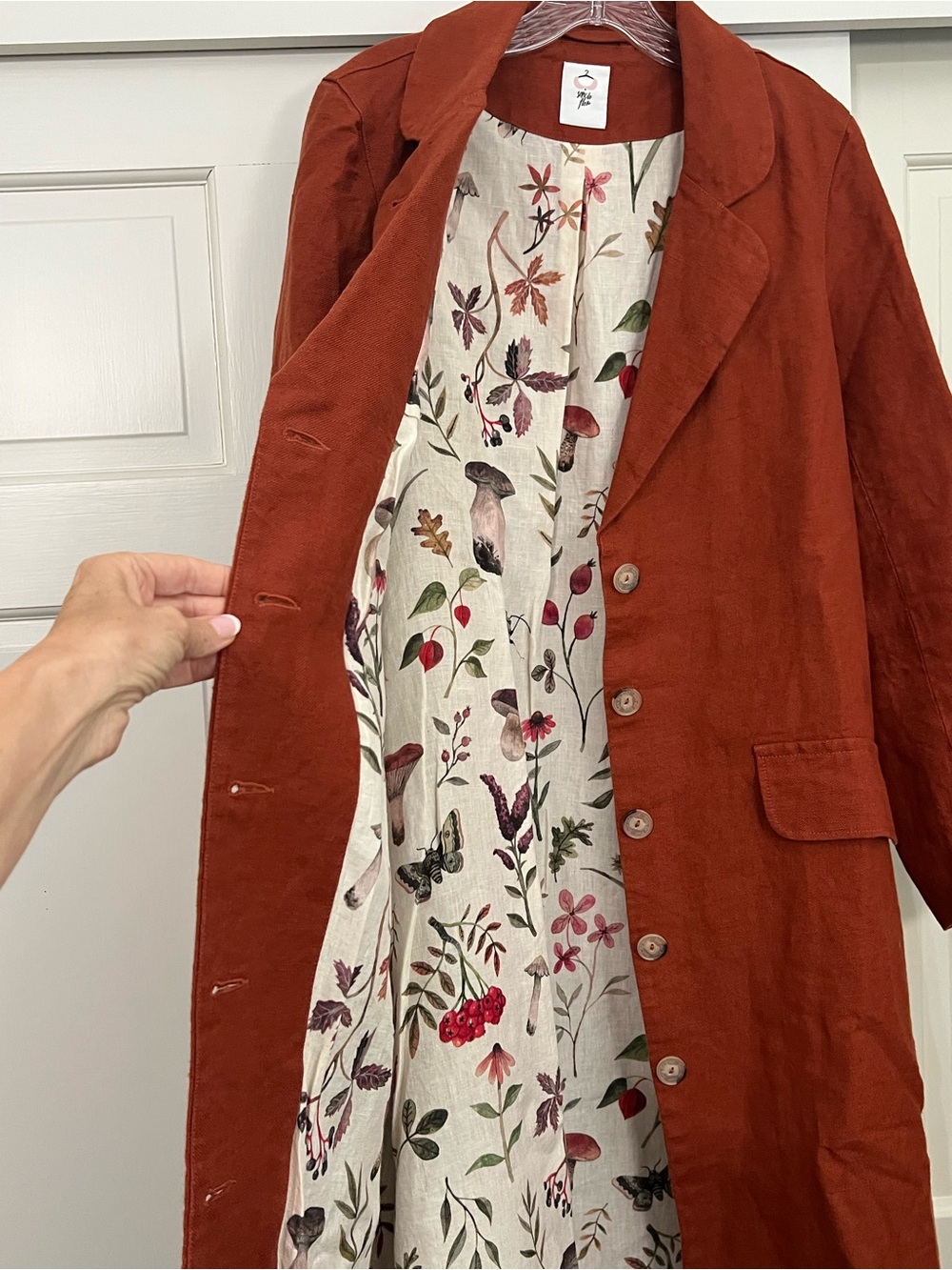 REVERSIBLE Son de Flor Claudia Long Linen Blend Coat with Botanical liner-S/XS - Picture 2 of 12